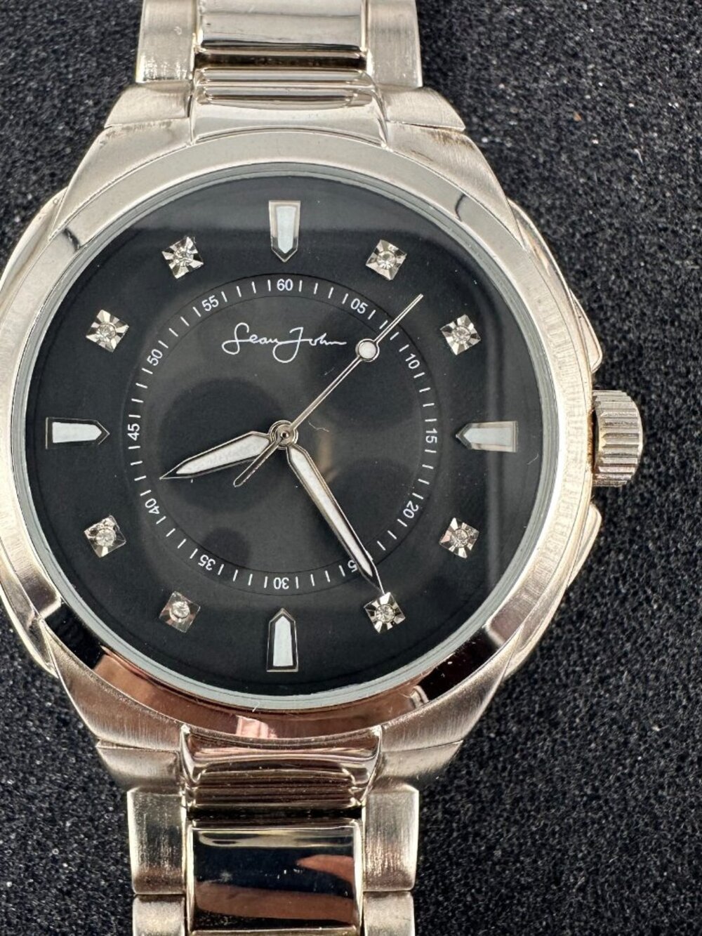 Sean John Watch Men Silver Tone Black Dial Round New Battery 8.25"